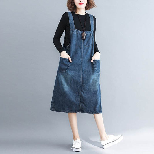 Women's Plus Size Denim Strap Pocket Literary Retro Dress - Mubimart