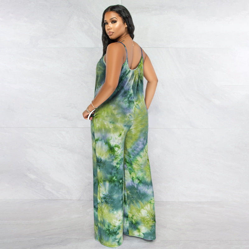 Tie-dyed Printed Sling Casual Plus Size Jumpsuit - Mubimart -  