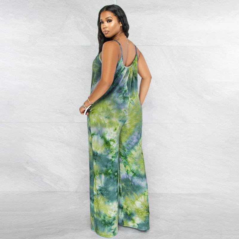 Tie-dyed Printed Sling Casual Plus Size Jumpsuit - Mubimart