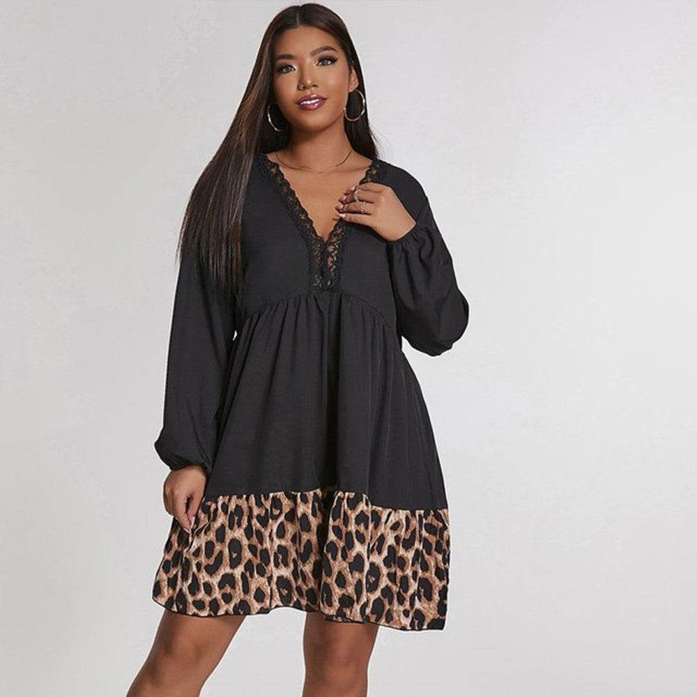 Women Plus Leopard Print Tunic Midi Shirt Dress - Mubimart