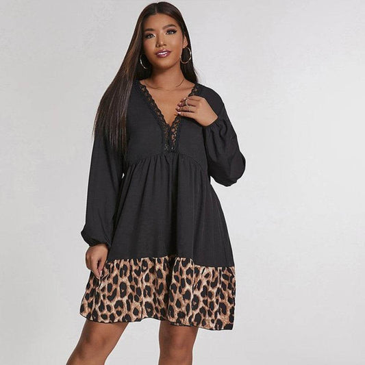 Women Plus Leopard Print Tunic Midi Shirt Dress - Mubimart