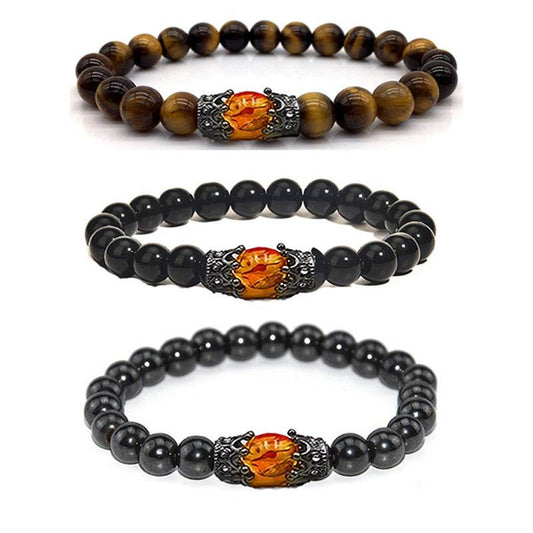 Obsidian Tigereye White-barked Pine Vintage Alloy Crown Bracelet European And American Men And Women Beaded Bracelet - Mubimart
