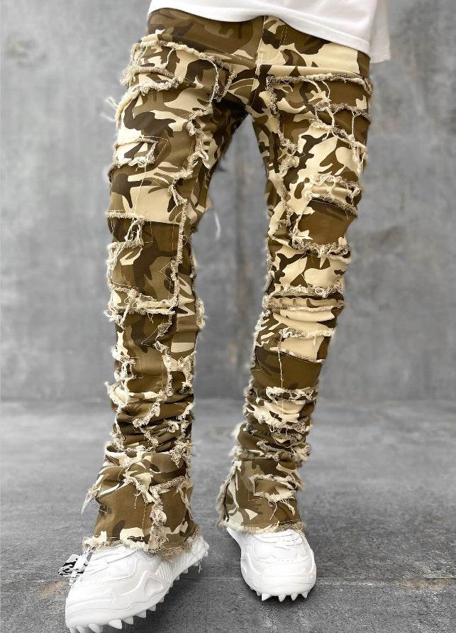 Men Trousers Individual Patched Pants Long Tight Fit Stacked Jeans For Mens Clothing - Mubimart