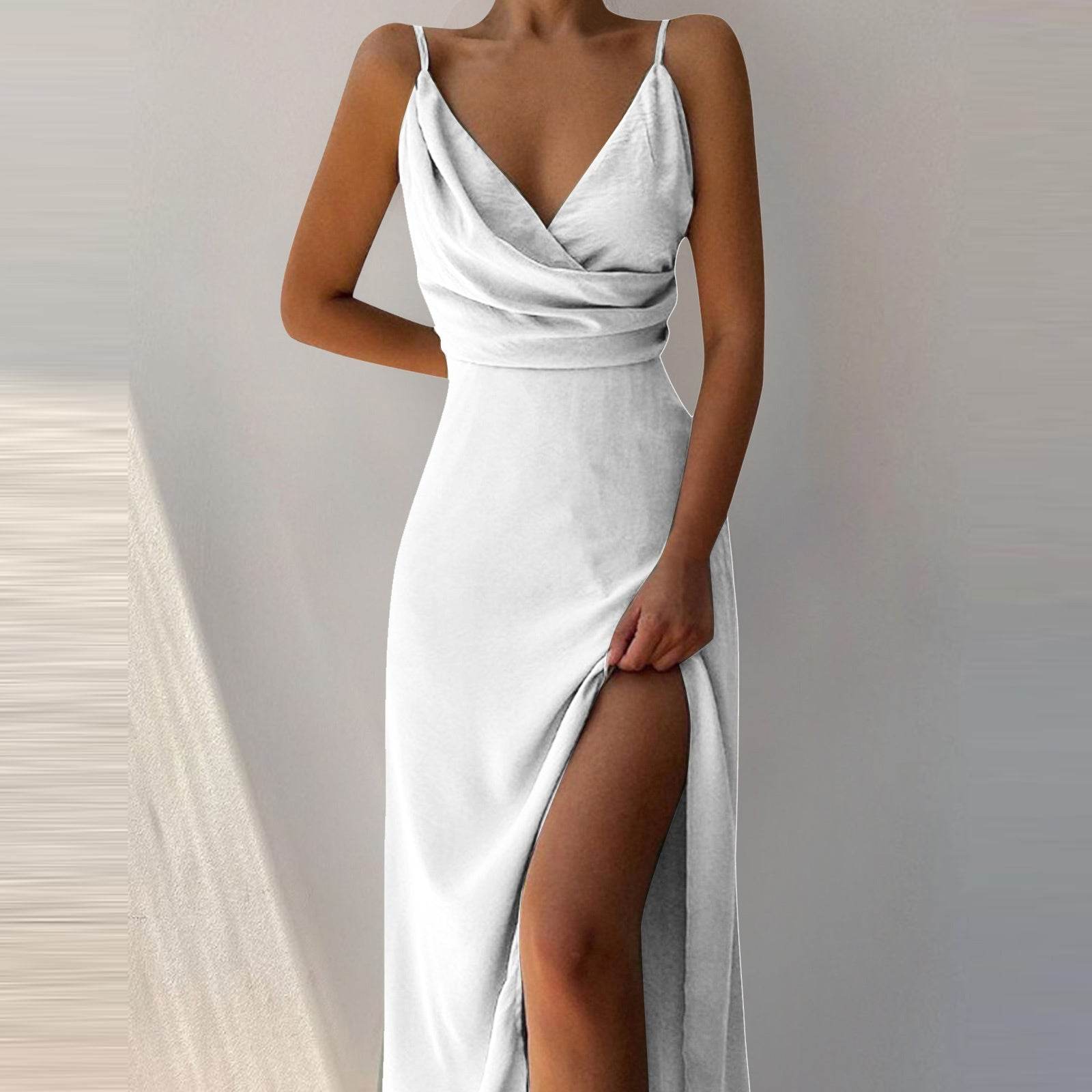 V-neck Slip Dress Low Cut Printed Slit Dress - Mubimart