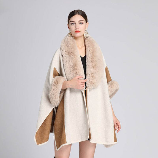 Imitation Rex Rabbit Fur Collar Cape And Shawl Women's Plus Size Loose Woolen Coat - Mubimart