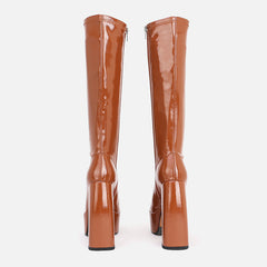 Tall Chunky Heel Round Toe Platform Stretch Boots Above Knee