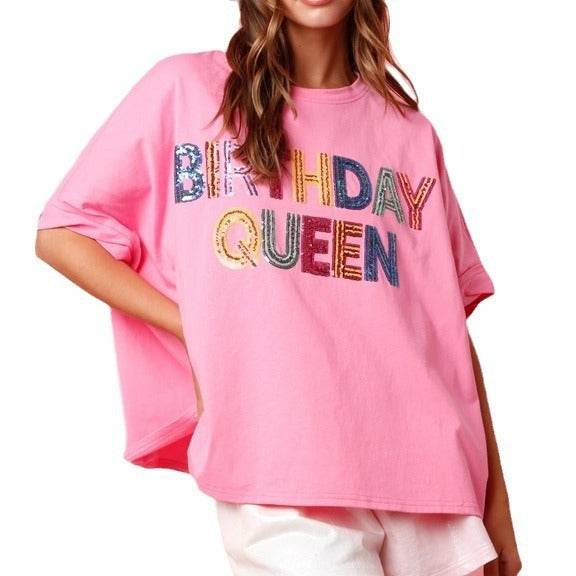 Birthday Sequined Top Loose T-shirt For Women - Mubimart