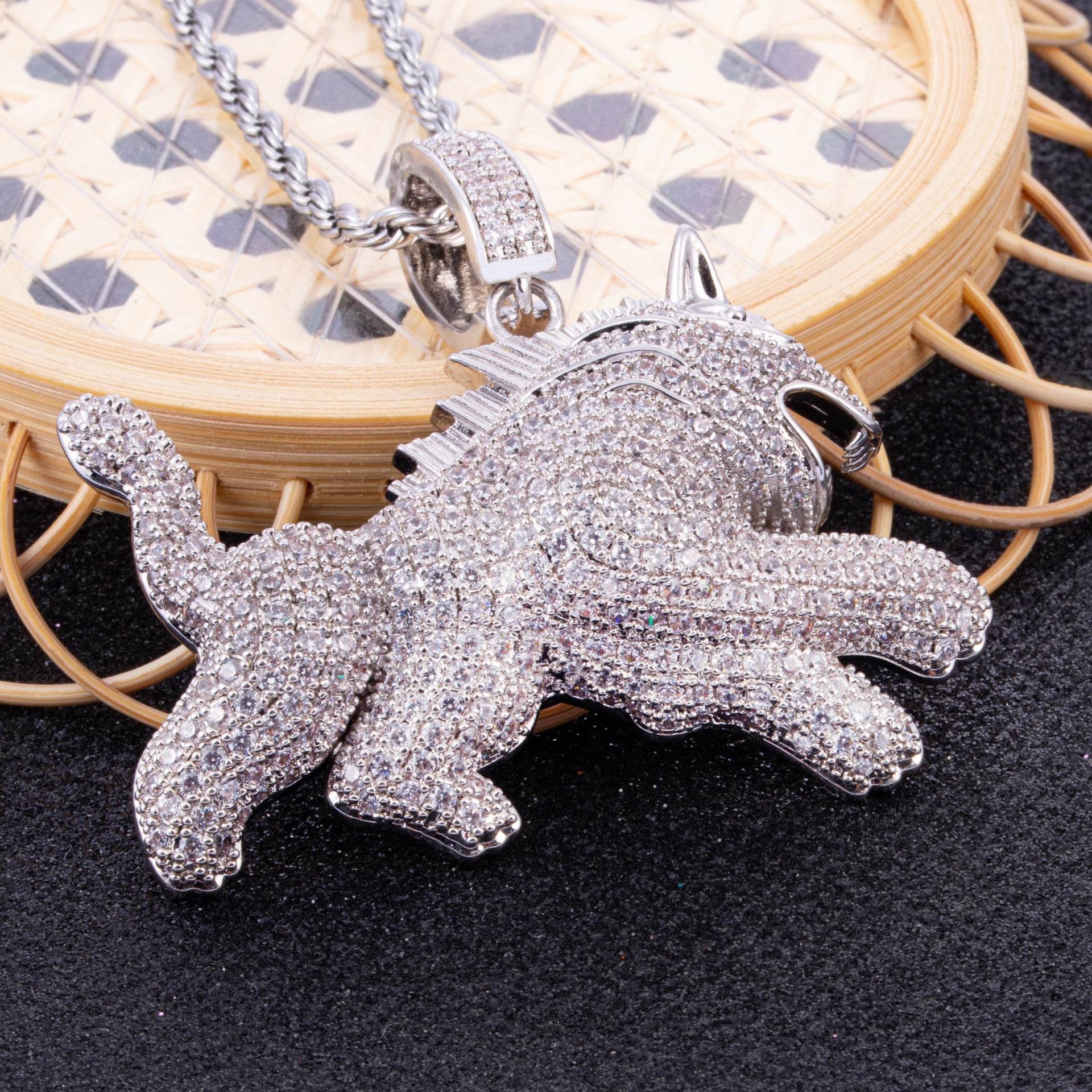 Hip Hop Full Zircon Mens Necklace Leopard Pendant - Mubimart