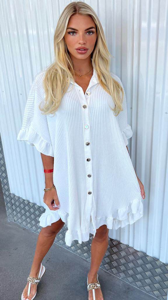 Summer Solid Color Shirt Dress Ruffle Sleeve Irregular Shirt Dress - Mubimart