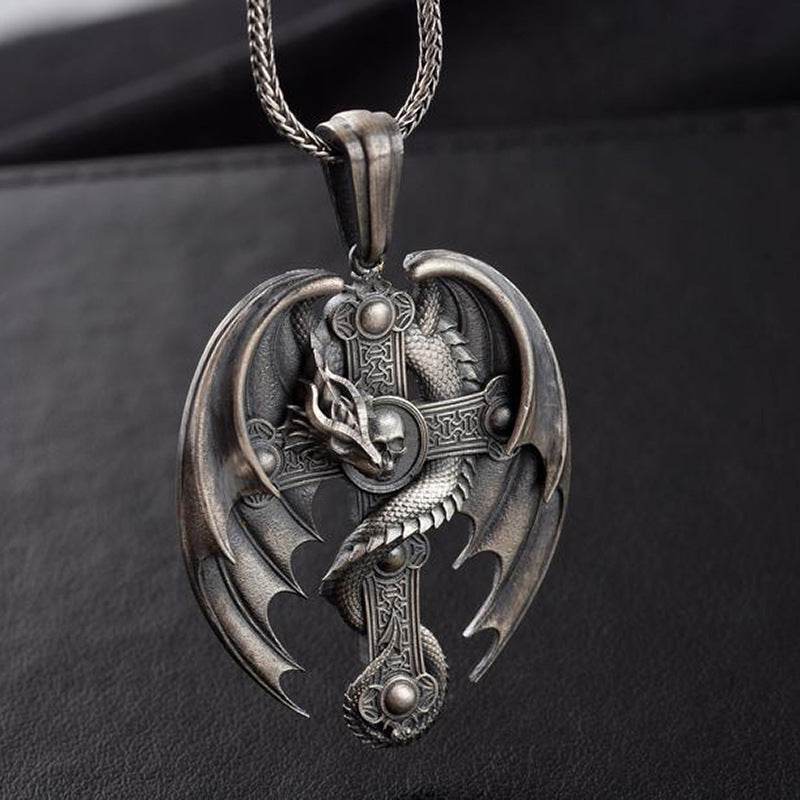 Skeleton Wing Pendant Mens Retro Necklace - Mubimart