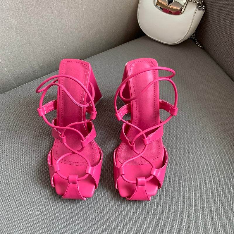 Square Toe Back Hollow Roman Lace Up High Heels - Mubimart