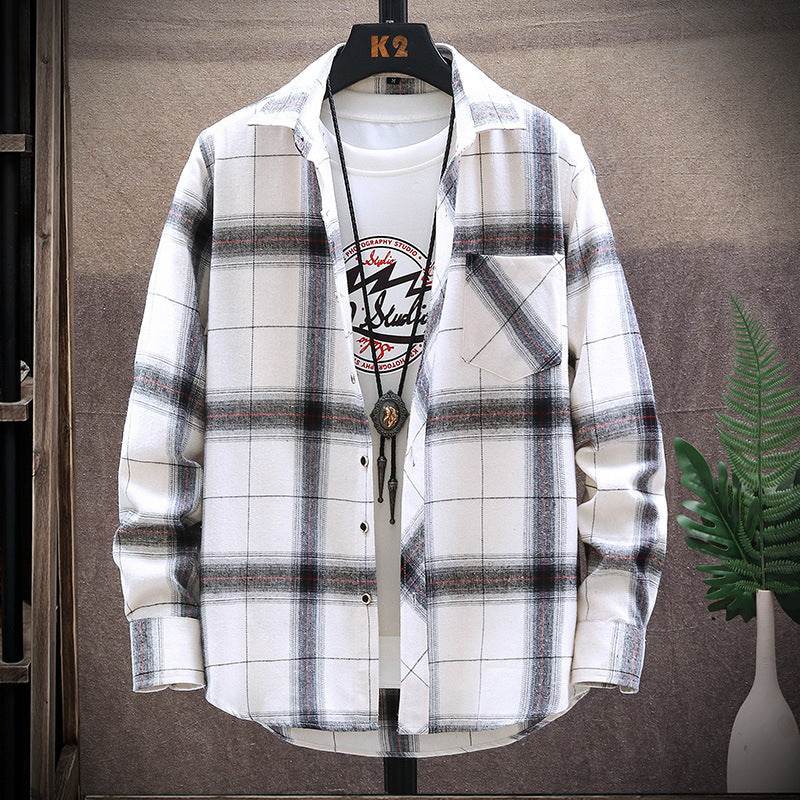 Flannel Brushed Plaid Slim Fit Long Sleeved Shirt - Mubimart