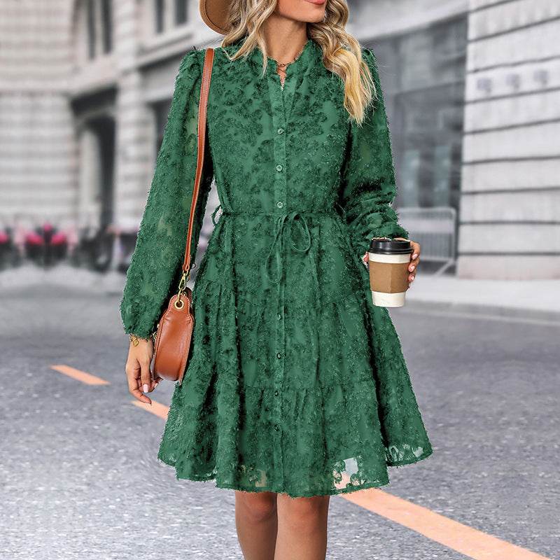 Lace Tied Long Sleeve Dress Fashion Medium Length Dresses Womens Clothing - Mubimart