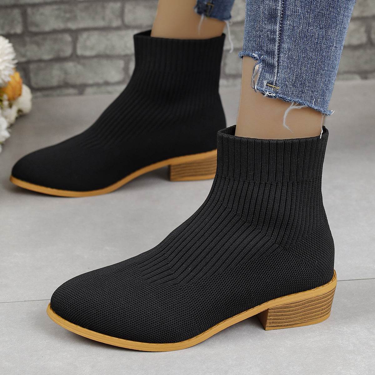 Chunky Heel Pointed Toe Ankle Boots Fashion Breathable Mid-tube Knitted Socks Shoes For Women Short Boot - Mubimart