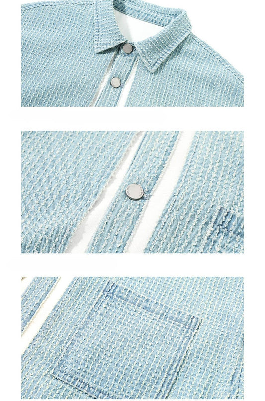 Mens Fake Two Piece Patchwork Denim Jacket Top - Mubimart
