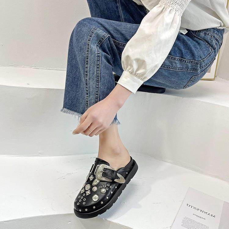 Toe Cap Semi Slipper New British Retro Platform Rivet Flat Shoes - Mubimart