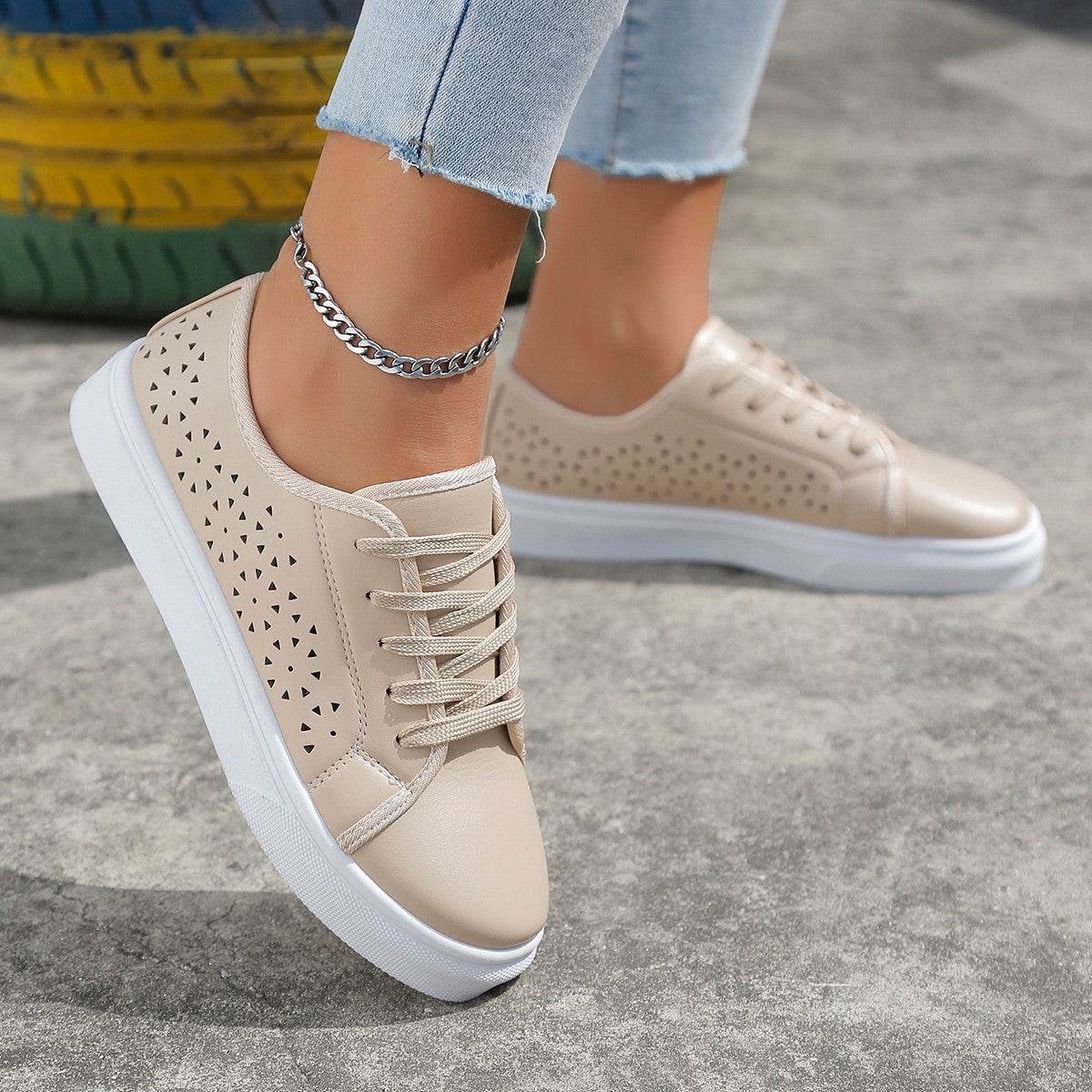 Cutout Flat Shoes Lace-up Hollow Out Walking Shoes For Women Loafers - Mubimart