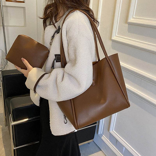 Casual Large Capacity Tote Bags For Women Fashion Solid Color Shopping Shoulder Bag With Wallet Ladies Handbag - Mubimart