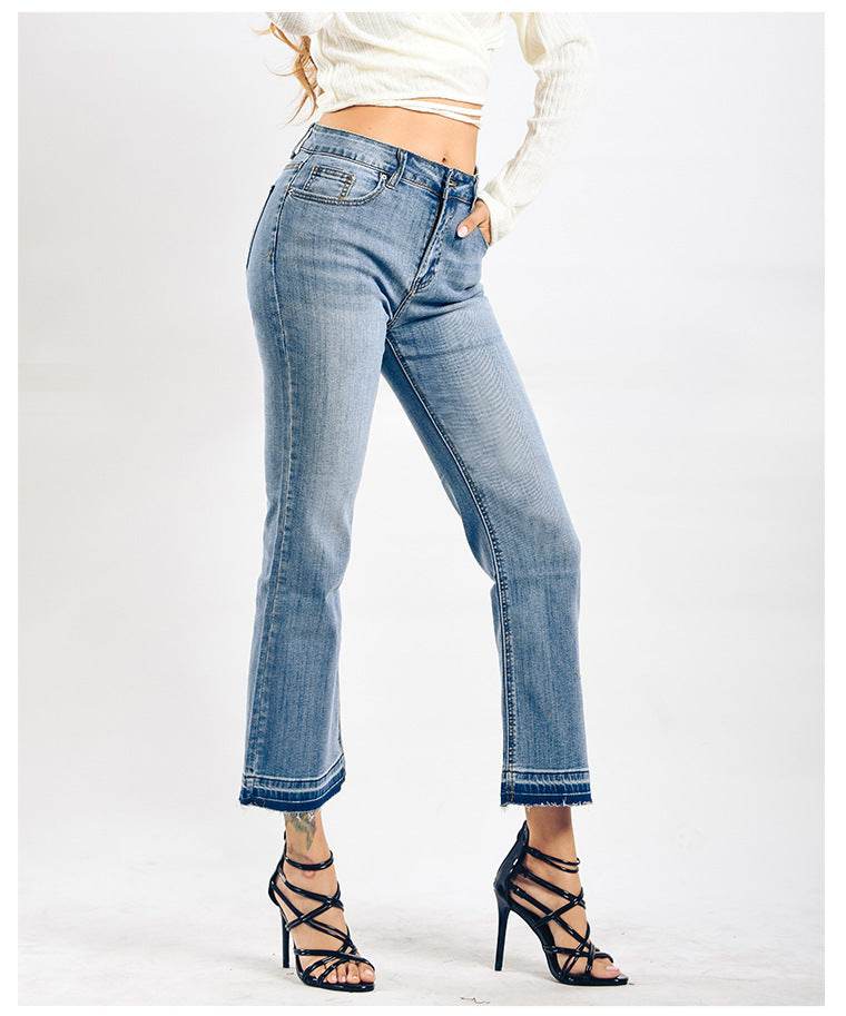 Women's Washed Elastic Loose Wide Leg Ankle-length Bootcut Jeans - Mubimart