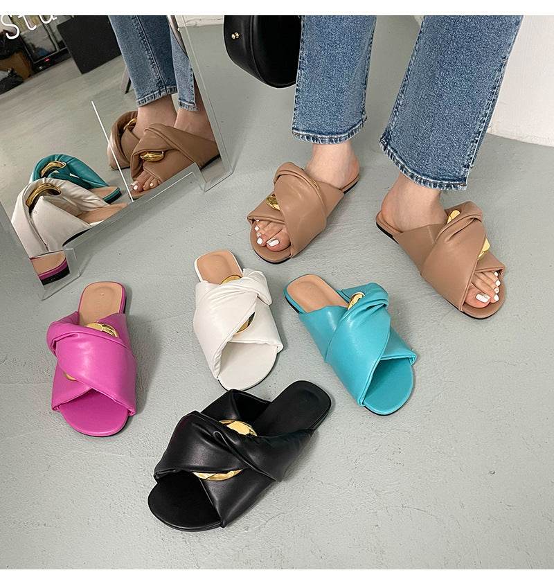 Women's Solid Color Flat Comfort Outer Sandals - Mubimart
