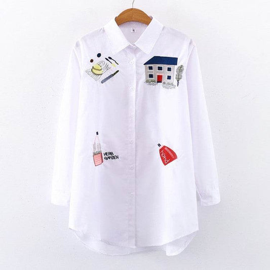 Button-down Collar Long-sleeved Cotton Shirt Embroidery - Mubimart