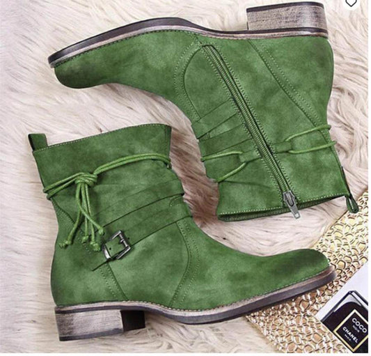 Western Boots Women Buckle Ankle Boots Side Zipper Shoes - Mubimart