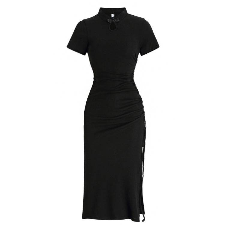 Black Ruched Bodycon Mid Length Dress - Mubimart
