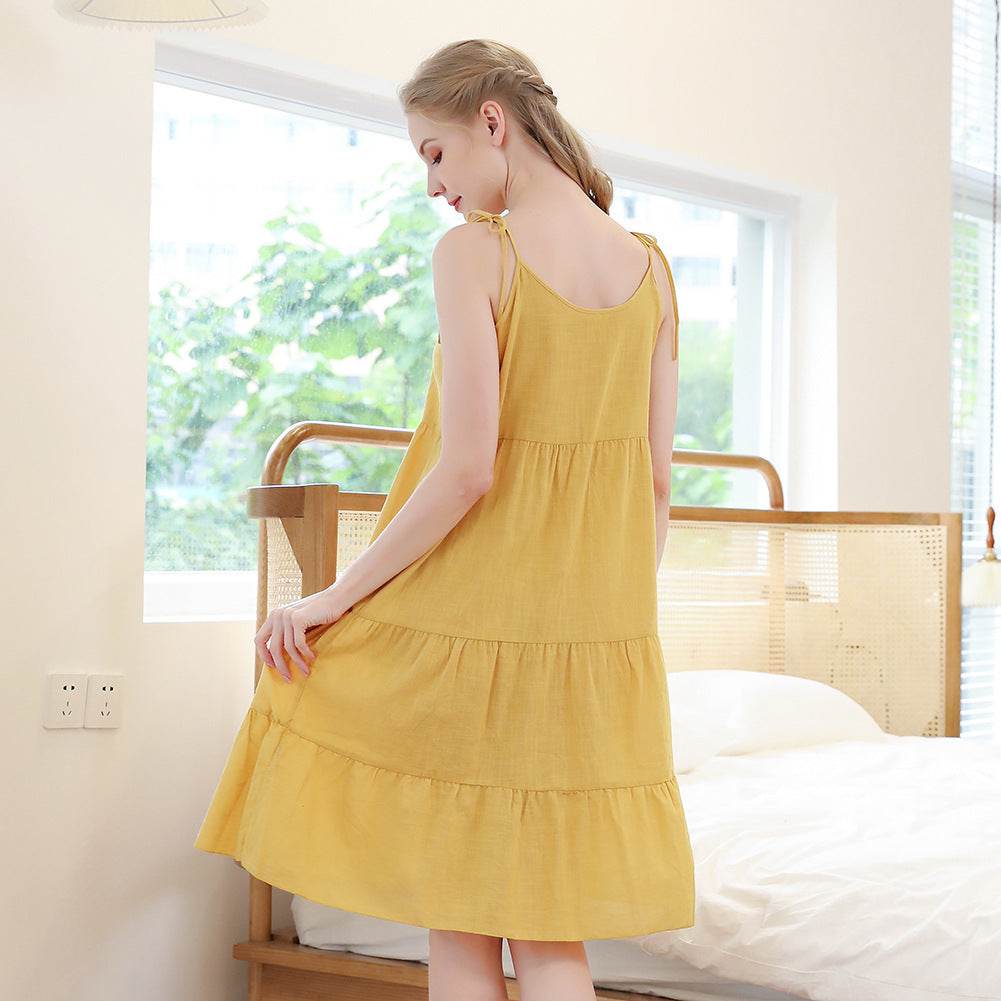 Plus Size Nightgown Sling Two Bow Tie Round Neck Rayon Nightdress Length - Mubimart