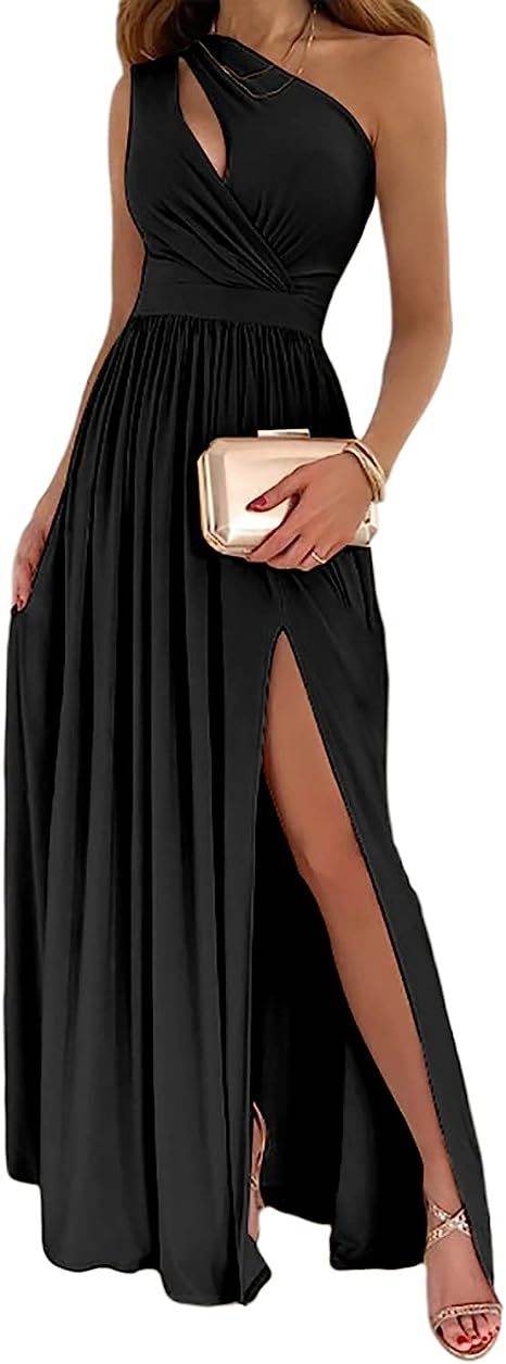 Women's One Shoulder High Split Cutout Sleeveless Elegant Sexy Cocktail Maxi Dress - Mubimart