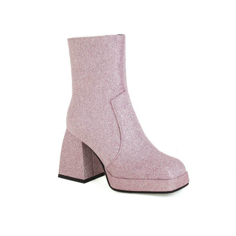 Square Toe Booties Female High Heel Martin Boots Sequin High Heels Ankle Boots - Mubimart