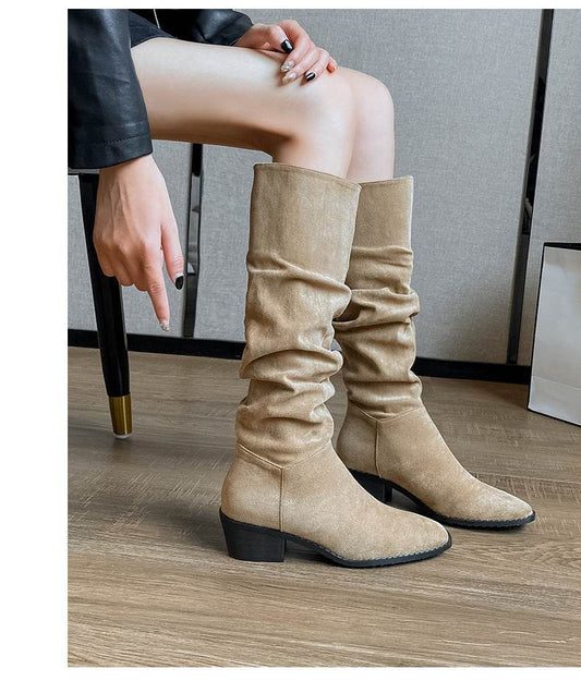 French Mid-calf Thin Western Denim Boots - Mubimart