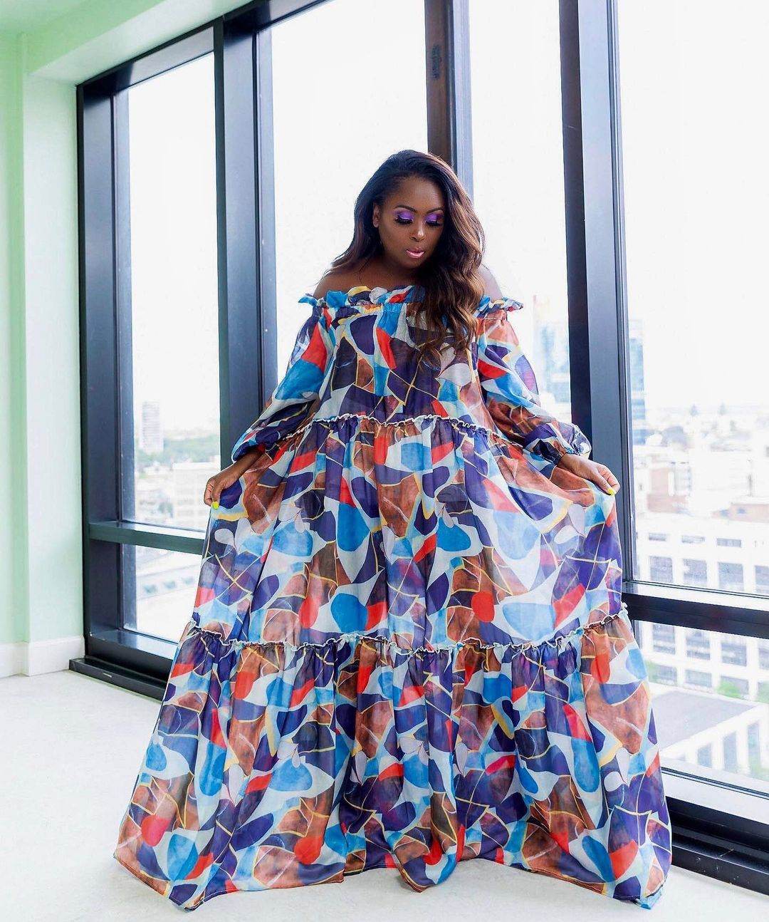 Women's Loose Large Size Digital Printing Oversized Hem Collar Maxi Dress - Mubimart