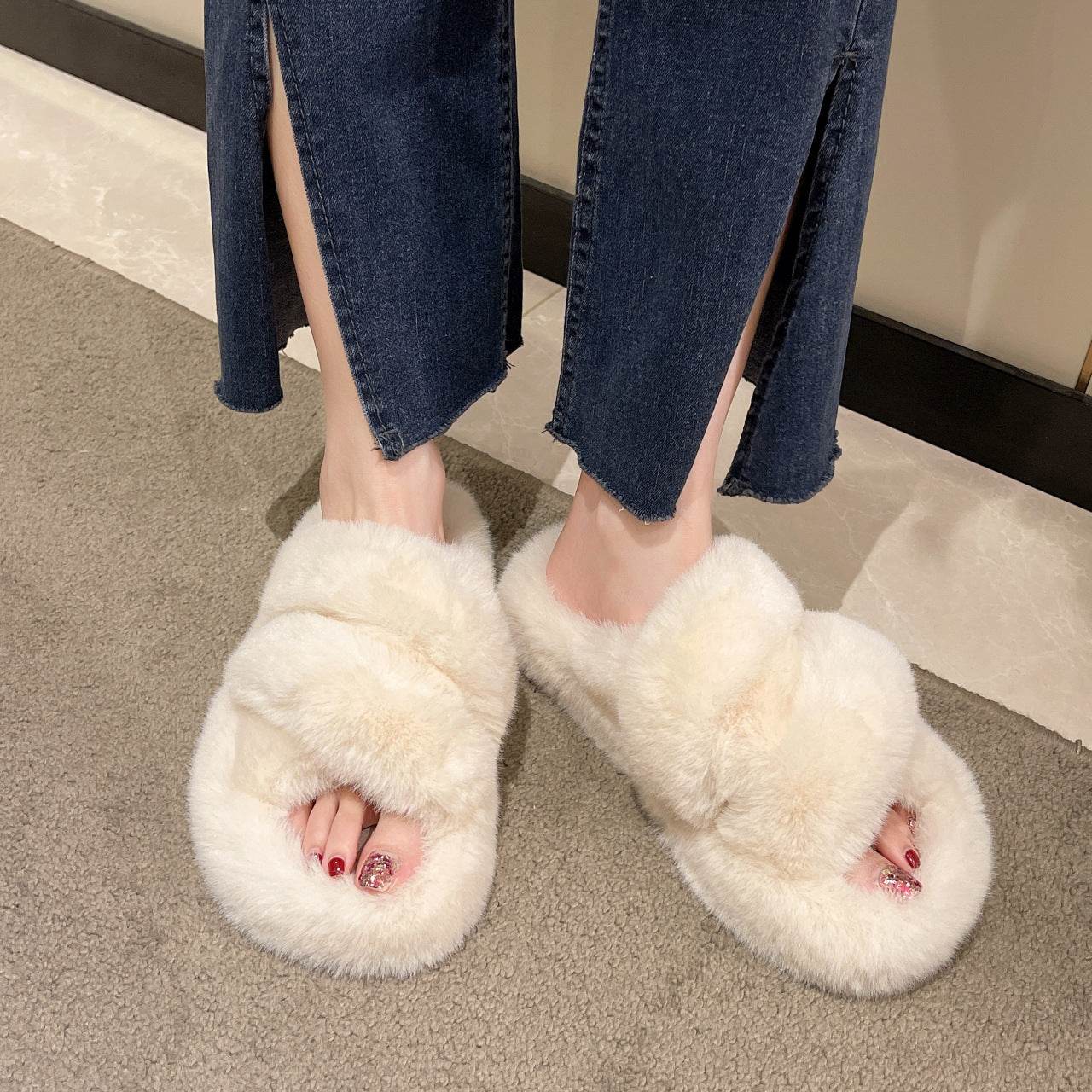 Winter Fuzzy Slippers Women Warm Soft Plush Shoes - Mubimart