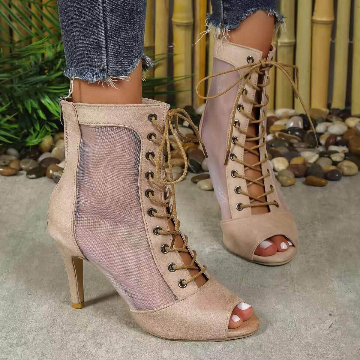 Mesh Fish Mouth Sandal Boots Female Stiletto Heel High Sandals - Mubimart