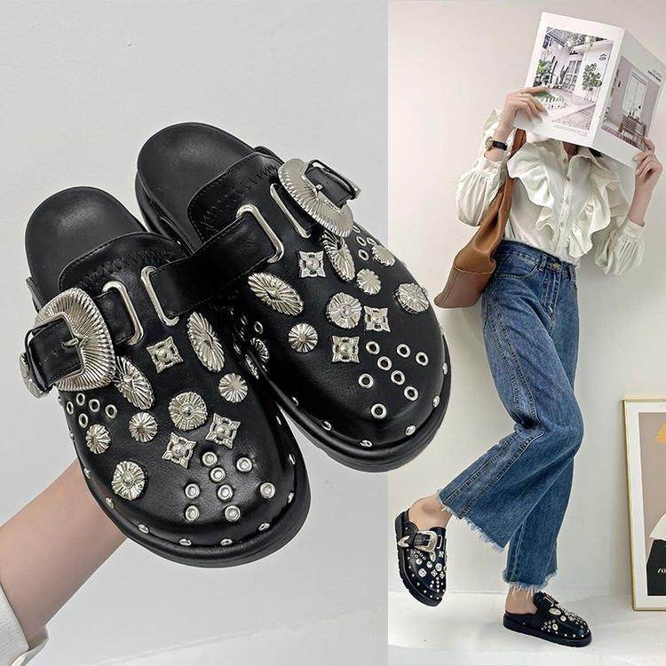 Toe Cap Semi Slipper New British Retro Platform Rivet Flat Shoes - Mubimart