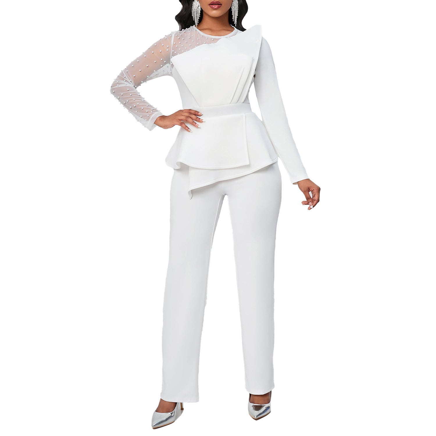 Long Sleeve Mesh Splicing Beads Banquet Plus Size Jumpsuit - Mubimart -  