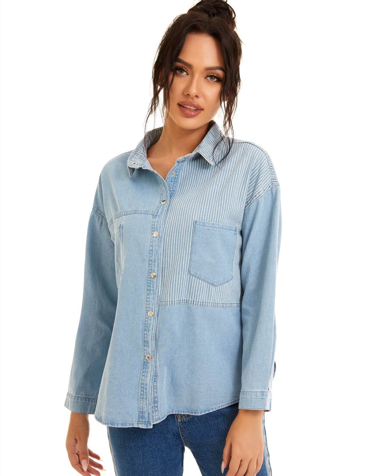 Loose Stitching Striped Shirt Jacket - Mubimart