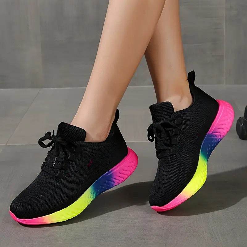 Lace-up Mesh Shoes With Rainbow Sole Design Fashion Walking Running Sports Shoes Sneakers For Women - Mubimart
