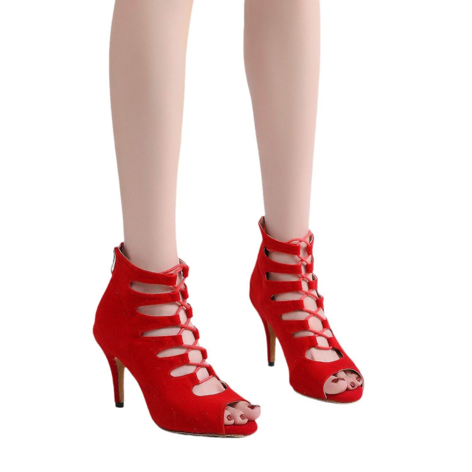 Women's Soft Bottom Red Short Peep Toe High Heels - Mubimart