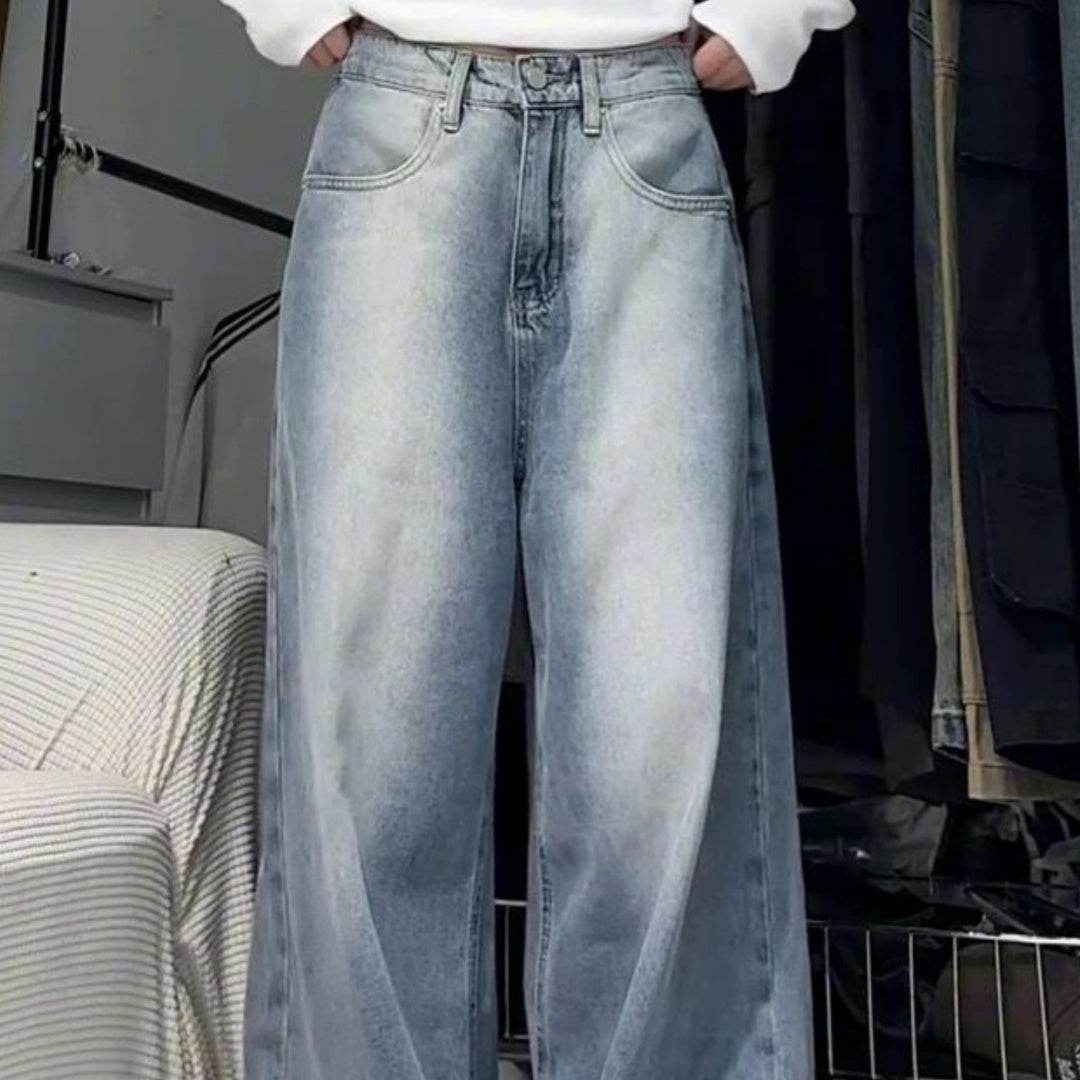 Water Washed Retro Oversize Wide Leg Jeans For Women - Mubimart