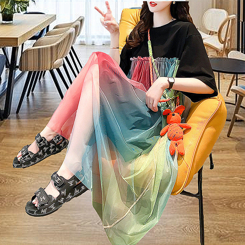 Rainbow Short-sleeved T-shirt Dress Women's Summer Dress Plus Size Mid-length - Mubimart - Shirt Dress 