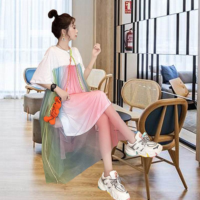 Rainbow Short-sleeved T-shirt Dress Women's Summer Dress Plus Size Mid-length - Mubimart