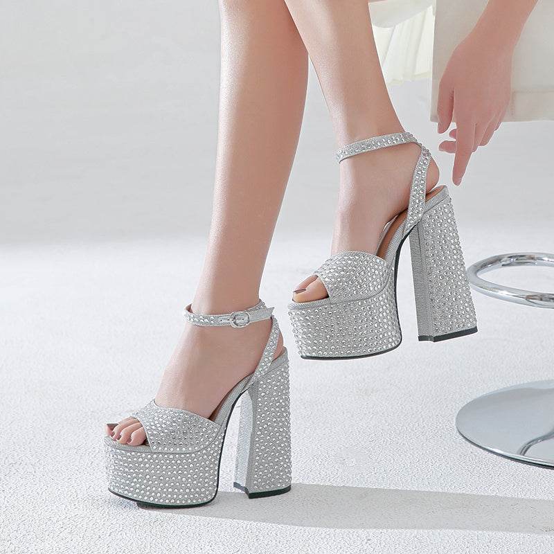 Women's Leather Block Heel Rhinestone High Heel Sandals - Mubimart