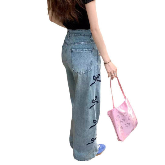 Butterfly Embroidered Jeans Wide-leg Pants For Women - Mubimart