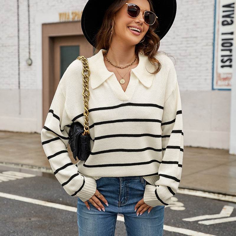 Polo Collar Plus Size Women's Striped Pullover - Mubimart