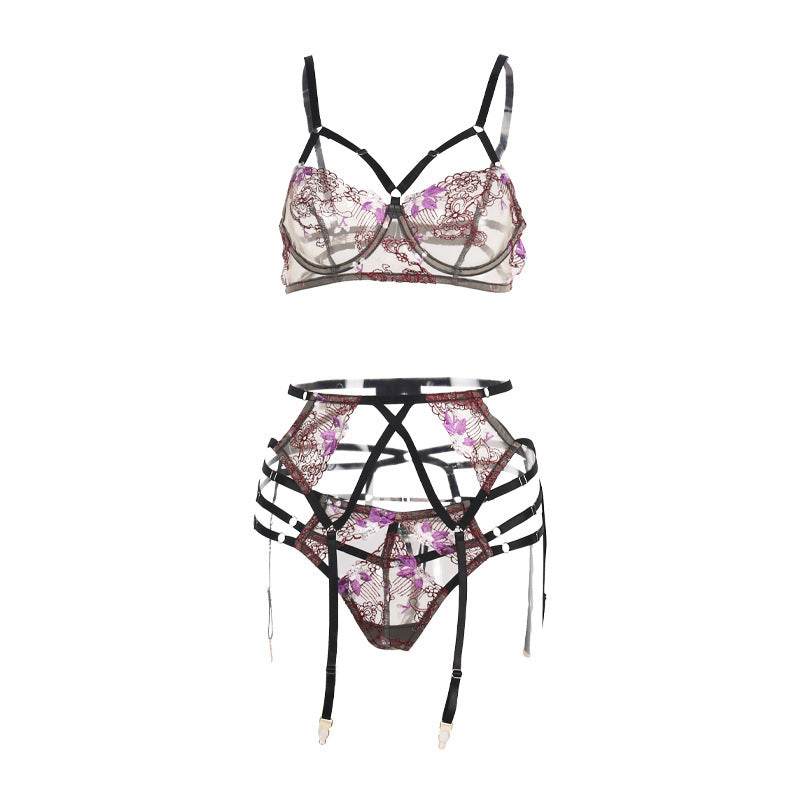 Three-point Lace Belt Underwire Garter Underwear Set - Mubimart
