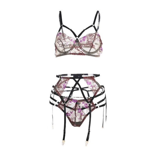 Three-point Lace Belt Underwire Garter Underwear Set - Mubimart