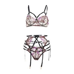 Three-point Lace Belt Underwire Garter Underwear Set - Mubimart -  