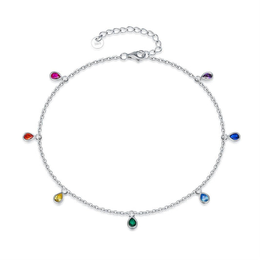 Anklets for Women Sterling Silver Multi Color Oval Rainbow Anklet Bracelets Fashion Jewelry Gifts for Women Teen Girls Friend Birthday - Mubimart