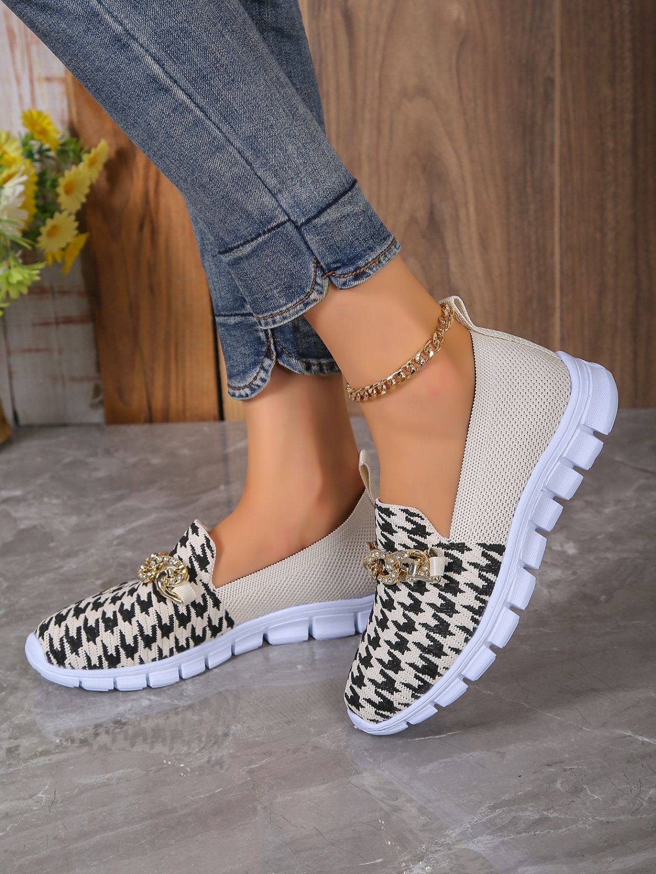 Lässige Houndstooth Print Kette Mesh Schuhe Sommer Walking Sport Flache Schuhe Frauen Atmungsaktive Slipper